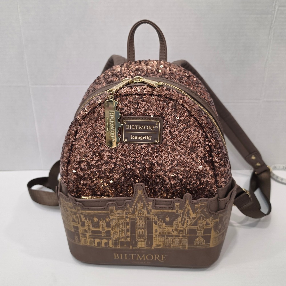 Loungefly Biltmore Brown Gold Sequin Backpack Gold Hardware Charm 10x9.5x5in